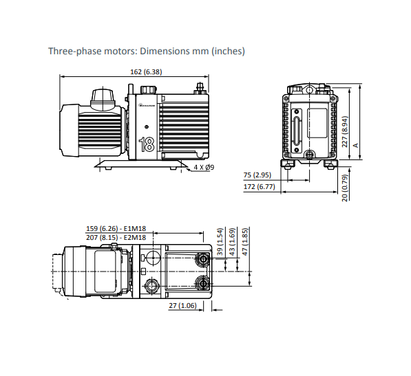 Edwards E1M18 Pump Dimensions - Three Phase